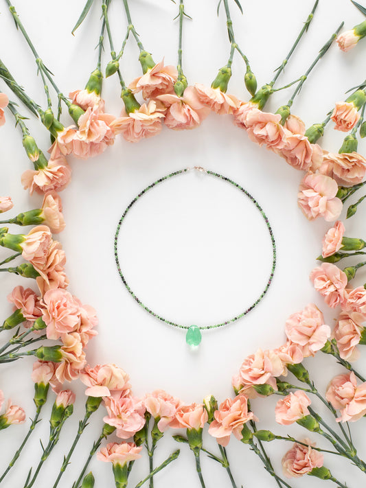 One-of-a-kind natural Green Fluorite & Ruby Zoasite crystal designer bracelet with sterling silver hardware, designed & handmade in California.