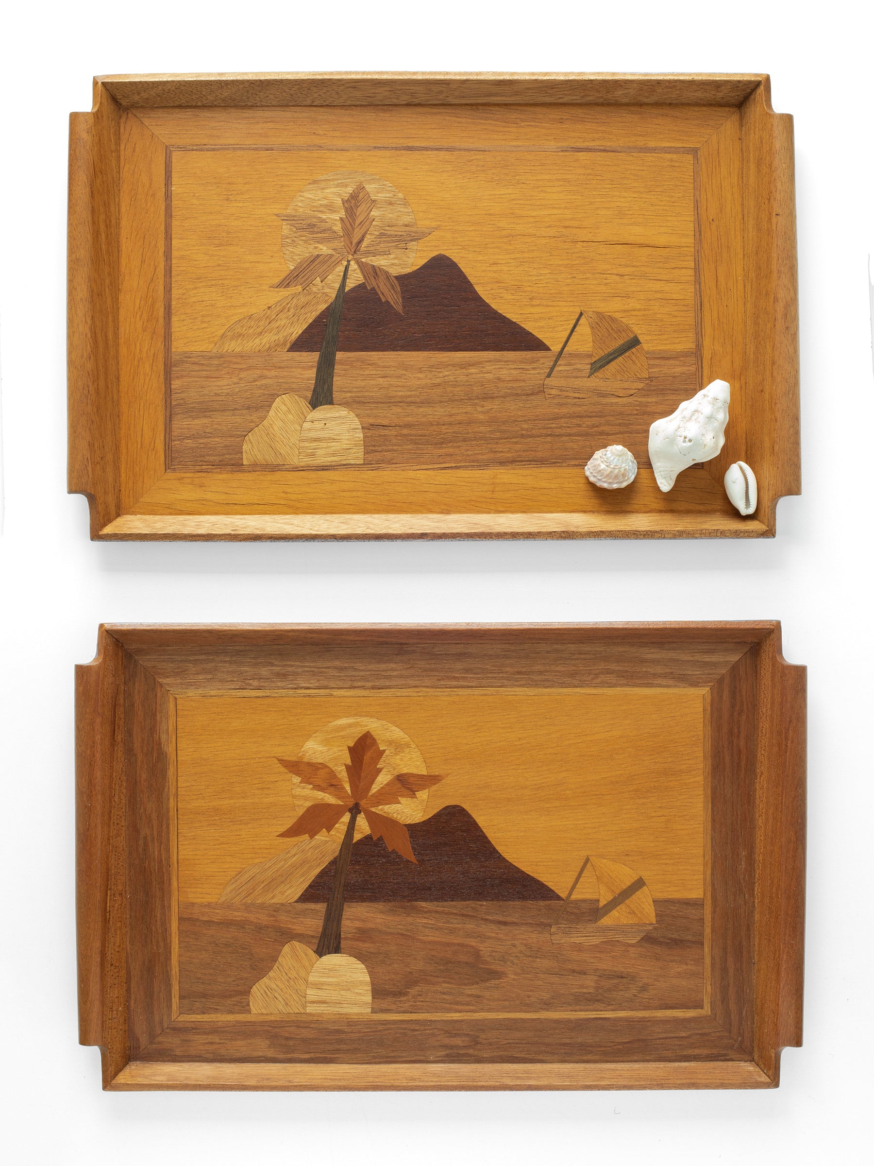 Vintage Hawaiian Island & Sailboat Inlaid Wood Marquetry Serving Trays, Almond Brown & Brown colors, Mid Century, Silhouette of Diamond Head, Hawaii, Wood Marquetry, Sourced in California.