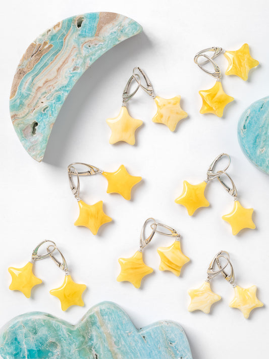 Yellow Amber Shooting Star Earrings, Yellow Baltic Amber & Sterling Silver, For pierced ears.