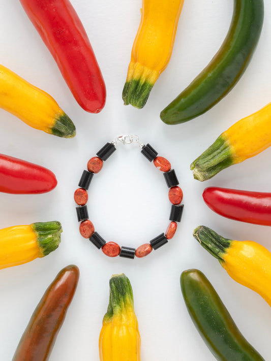 One-of-a-kind natural Red & Black Coral designer bracelet with sterling silver hardware, designed & handmade in California.