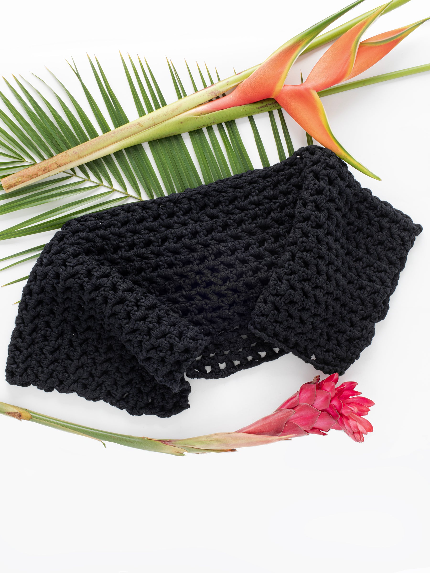 Black Organic Cotton Crochet Crop Top, XS-XL, hand-knit with organic cotton ribbon yarn, one-of-a-kind, designed in California, & made in USA. 