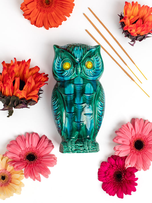 Vintage Psychedelic Blue-Green Japanese Ceramic Owl Incense Holder (1960s-70s)