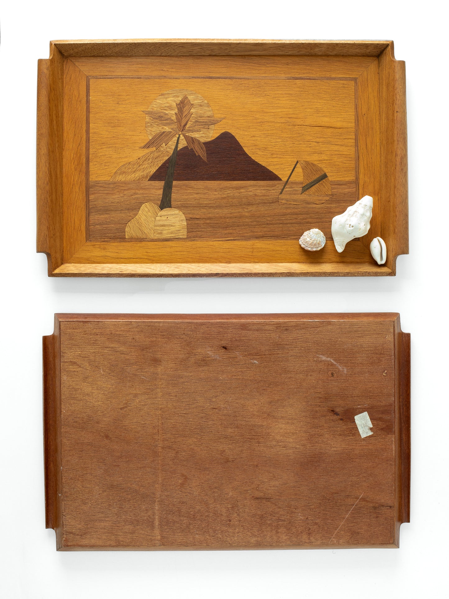 Vintage Hawaiian Island & Sailboat Wood Marquetry Serving Trays