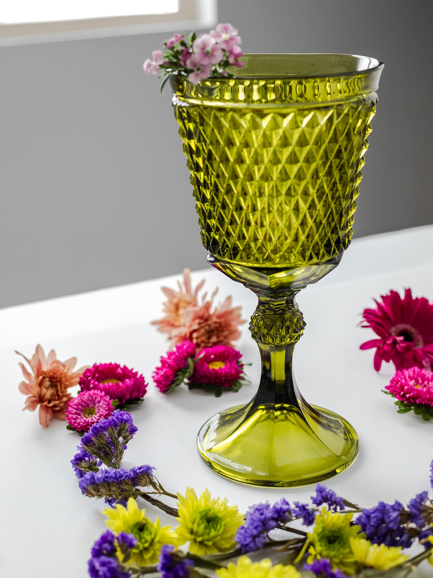 Vintage Avocado Green Glass Oversized Goblet, 'Indiana Glass' brand, 1960s, Sourced in California, Made in Dunkirk, Indiana.