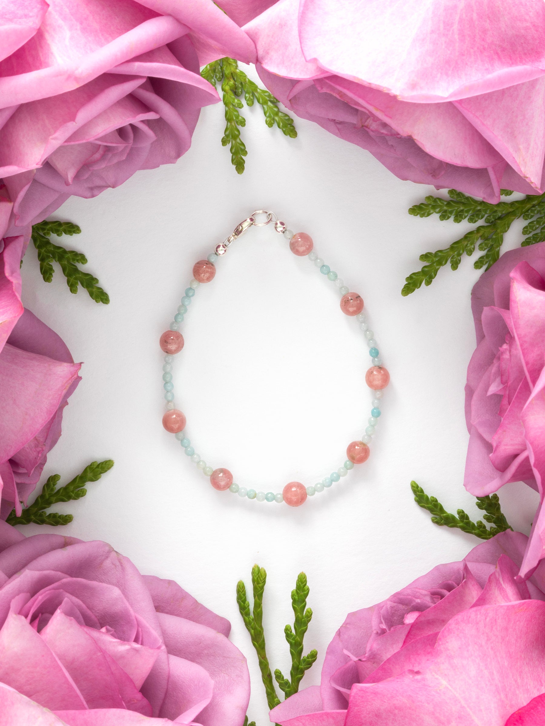 One-of-a-kind natural Amazonite & Rhodochrosite crystal designer bracelet with sterling silver hardware, designed & handmade in California.