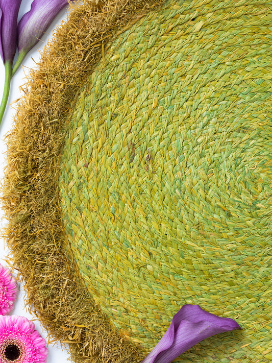 Vintage Green Woven Straw Placemats (Set of 7), Avocado Green color, Round with decorative straw fringe, Set of 7 placemats, Mid Century, Sourced in California.