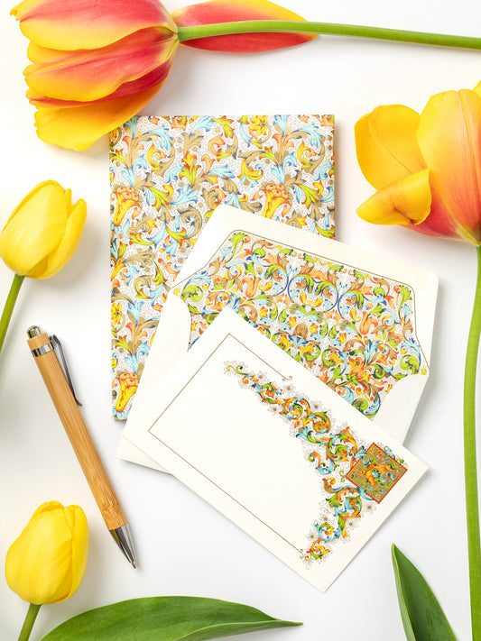 Traditional Florentine Golden Floral Rainbow Printed Stationery Cards w/ Envelopes, Red, Orange, Yellow, Green, Blue, & Aquamarine colors, Rainbow-colored flowers accented with sparkling spirals of gold, Note cards & matching lined envelopes, Printed in Italy.