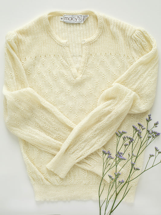 Vintage Cream-Colored Pointelle Knit Sweater w/ Dainty Puff Sleeves (1970s-1980s)