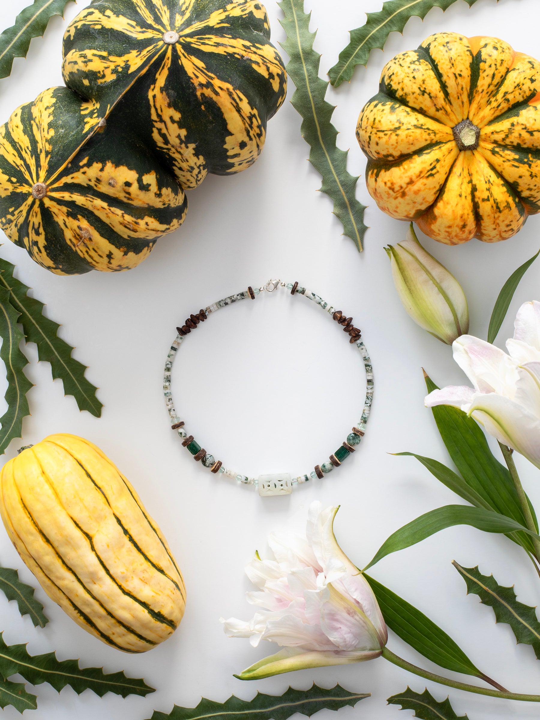 One-of-a-kind natural Aventurine, Green Jade, White Jade, Green Fluorite, & Tree Agate crystal & Coconut Shell designer bracelet with sterling silver hardware, designed & handmade in California.