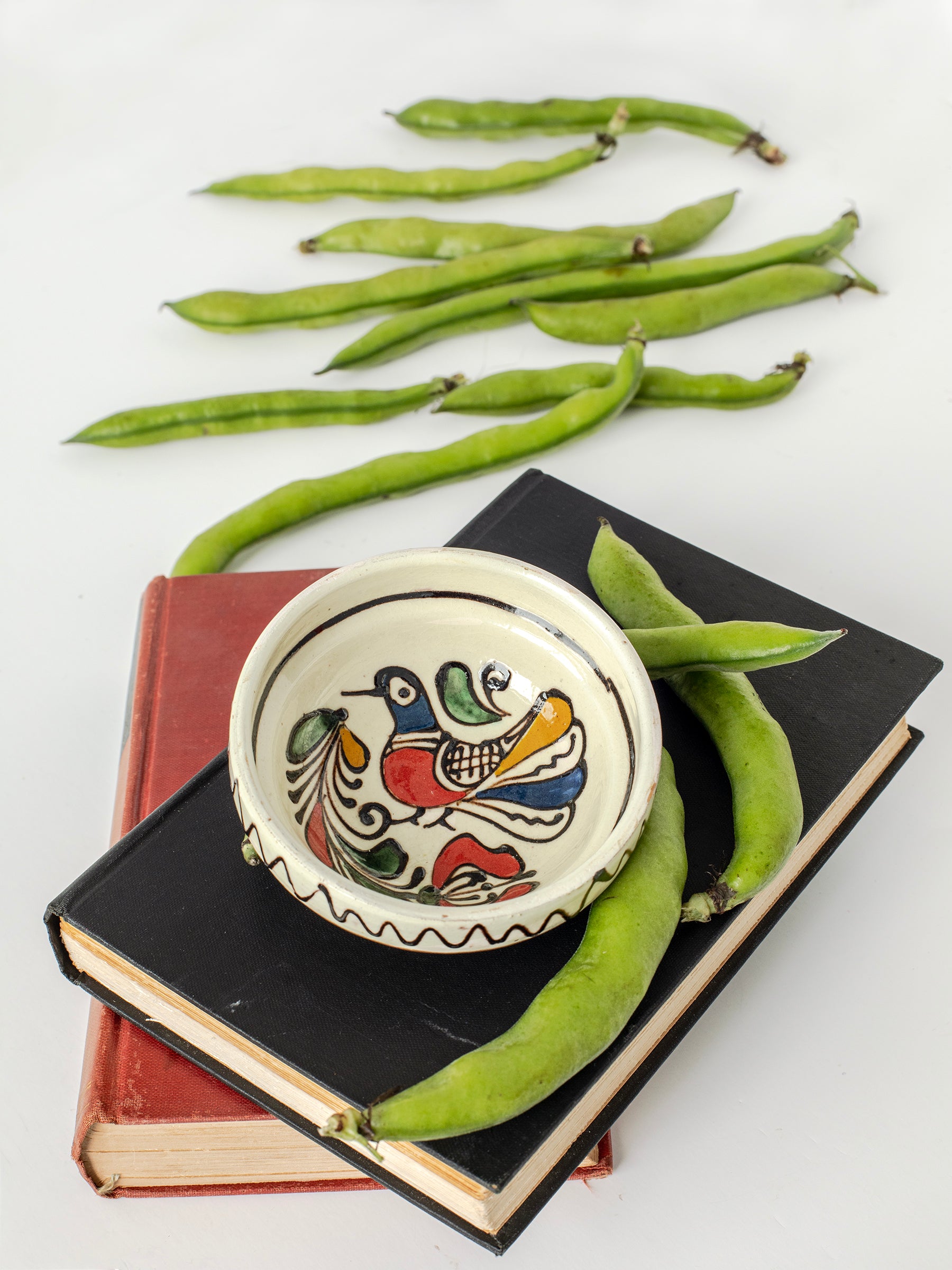 Vintage Romanian Corund Ceramic Rooster Ramekin Dish, Handmade Folk Pottery, an original producer, black, green, yellow, blue, & red colors, Mid Century to 1970s, Like New, Made in Corund, Transylvania, Romania, Sourced in California.