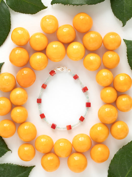 One-of-a-kind natural Amazonite & Red Coral designer necklace with sterling silver hardware, designed & handmade in California.