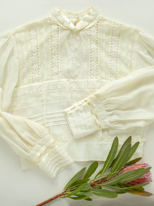 Vintage Cream-Colored Cropped Cotton Voile & Lace Edwardian Top (1960s-1970s)