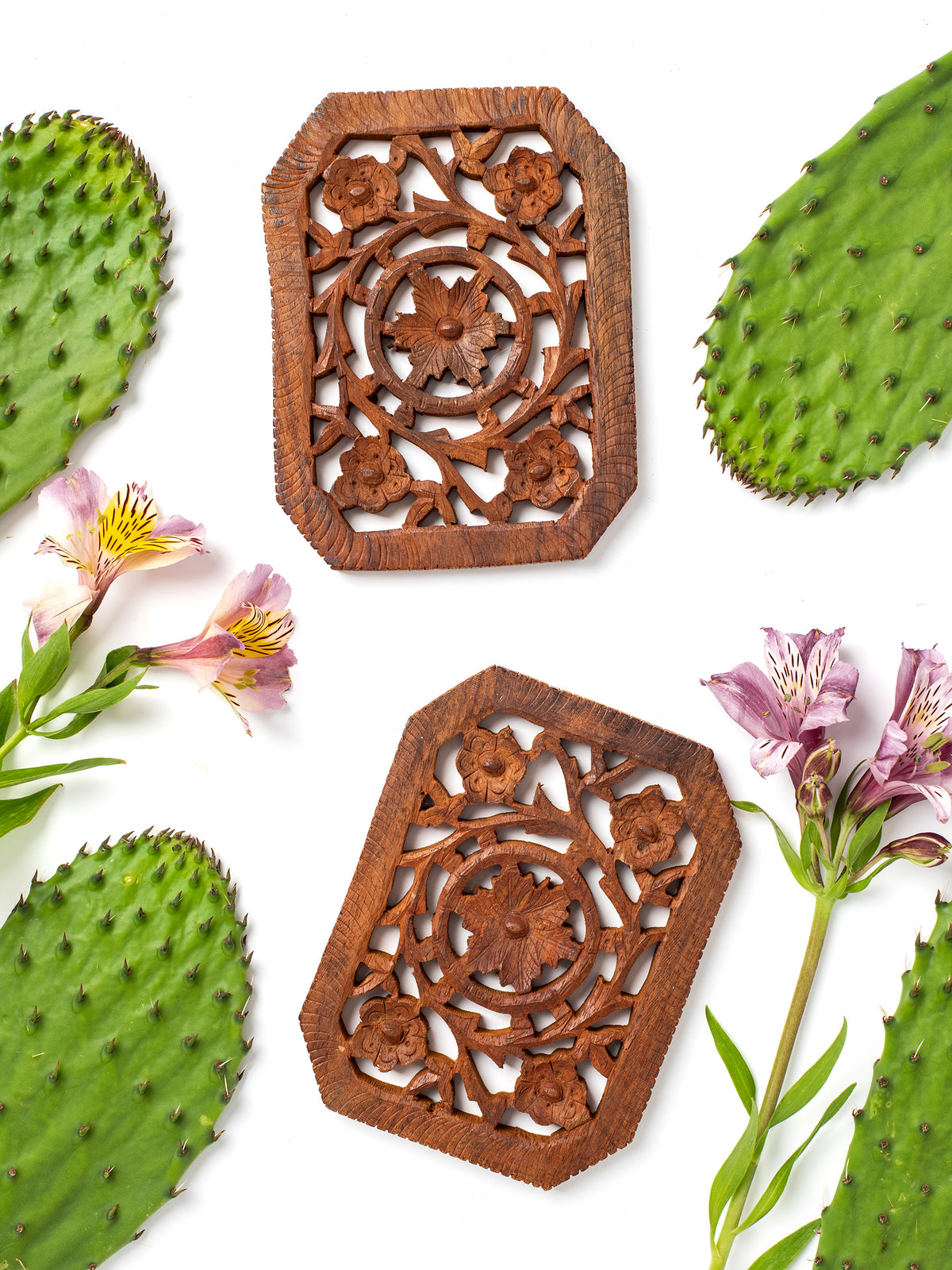 Vintage Hand-Carved Floral Wood Trivets [Set of 2] (1970s)