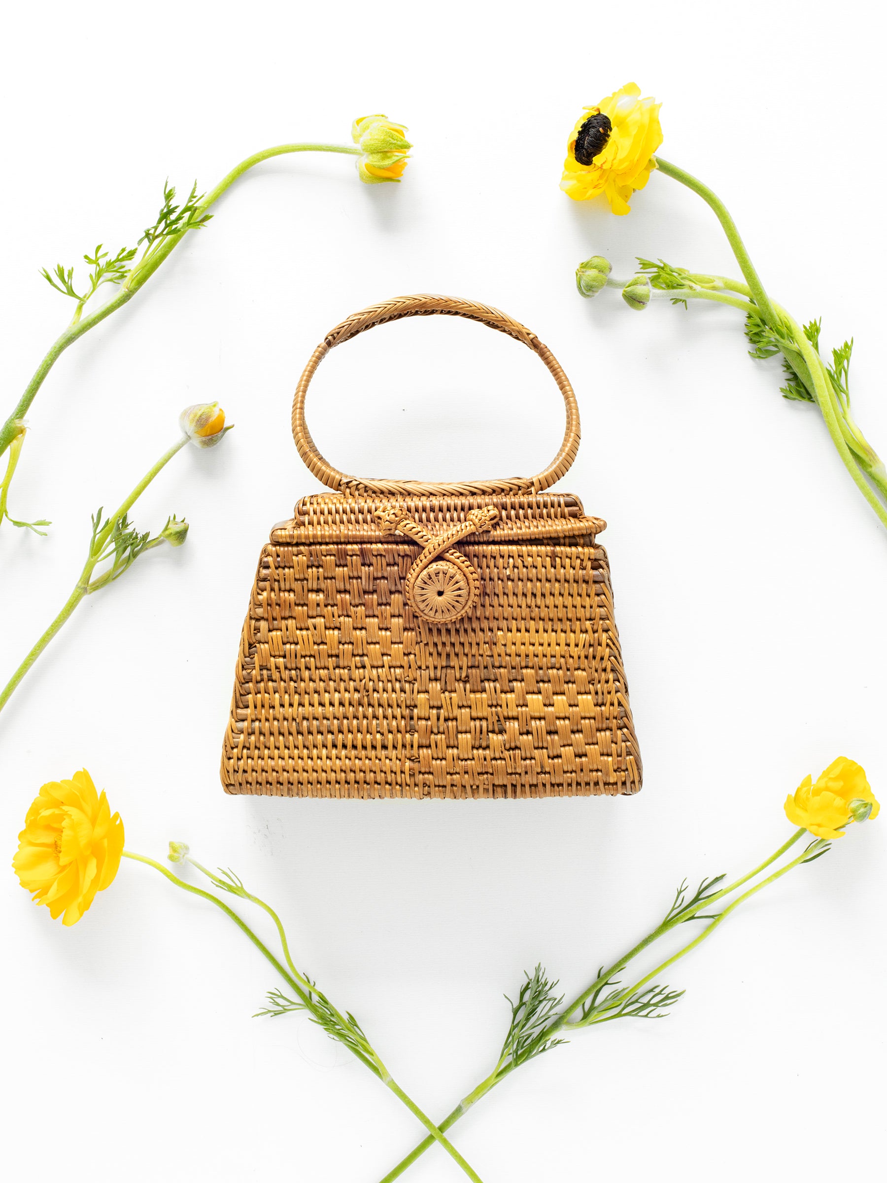 Vintage Bamboo Rattan Mini Handbag one-of-a-kind in mint condition with hook-&-eye closure, sourced in California.