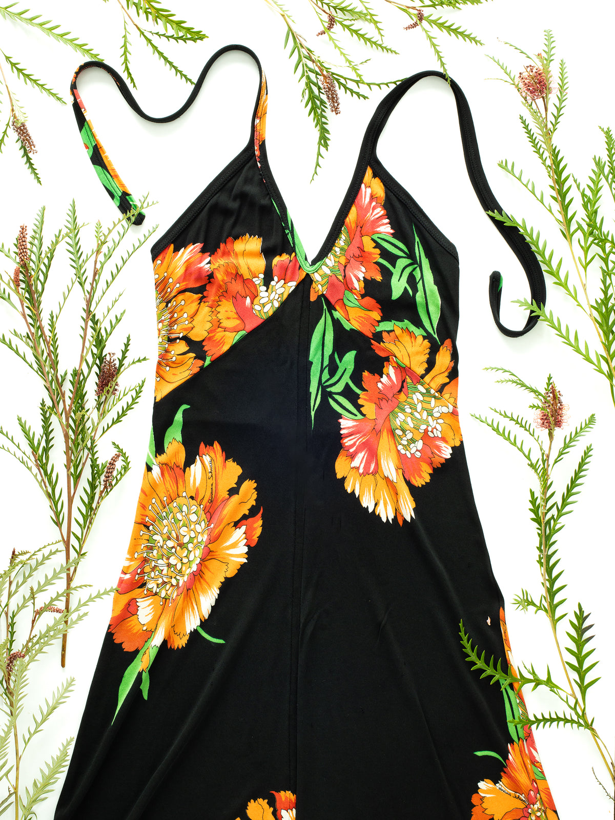 Vintage Rosanna Schiatti Black Floral Fit-and-Flare Mini Dress