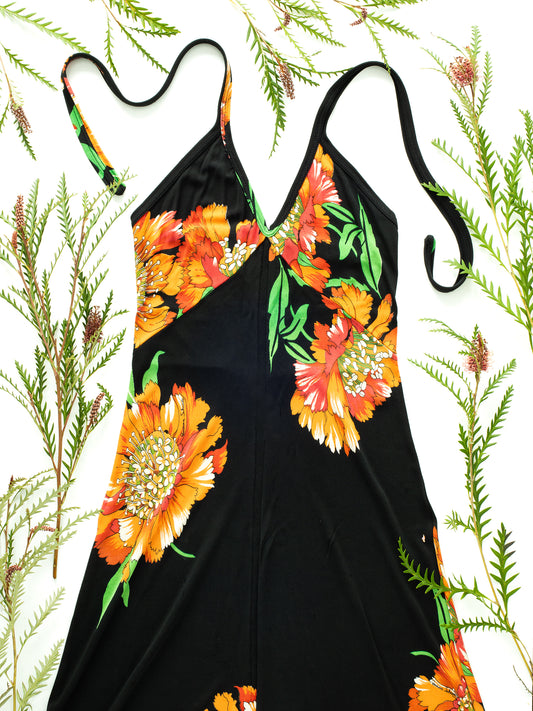 Vintage Rosanna Schiatti Black Floral Fit-and-Flare Mini Dress (1970s)