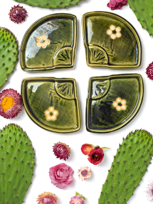 Vintage Mini Green Floral Japanese Fan Ceramic Dishes [Set of 4] (1960s-70s)