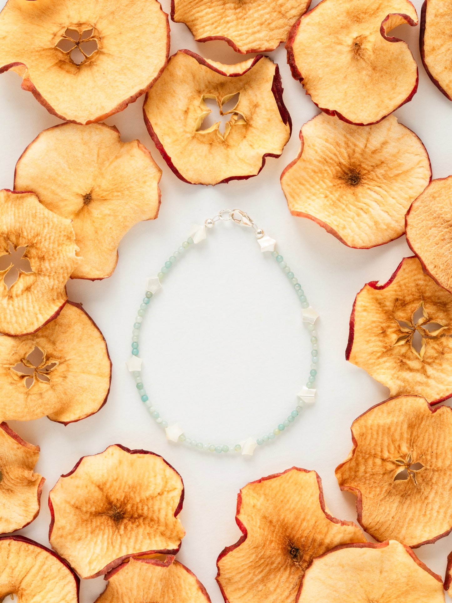 One-of-a-kind natural Amazonite crystal & Mother of Pearl shell designer bracelet with sterling silver hardware, designed & handmade in California.