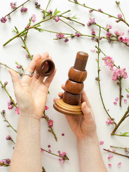 Vintage Solid Walnut Wood Napkin Rings, Earth-friendly napkin rings, Rich Brown color, Ozark Walnutware, 1970s, Like New, Holds 4 napkin rings, Native Walnut Wood, Made in Ozark, Missouri, Native Wood Prod, Inc, Sourced in California.