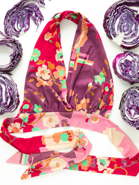 Vintage Super Seventies Pink, Purple & Red Floral Print Stretch Halter Top (1970s)