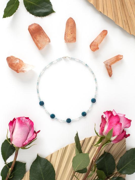 One-of-a-kind natural Apatite, Aquamarine, & Quartz crystal designer necklace with sterling silver hardware, designed & handmade in California.