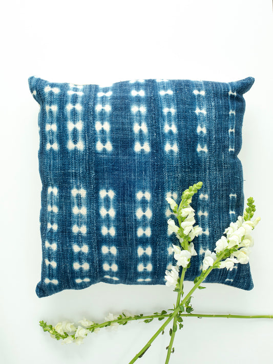 African Mudcloth square pillow in Blue Indigo color, made with natural fibers, includes hidden zipper & is one-of-a-kind, designed & handmade in California, measurements 19in x 19in (48.26cm x 48.26cm).