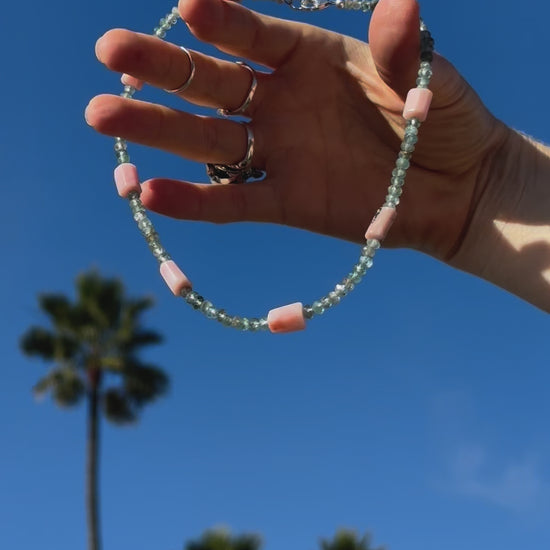 One-of-a-kind natural crystal Apatite & Rhodonite designer bracelet with sterling silver hardware, designed & handmade in California. 