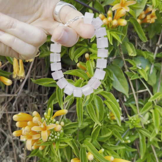 One-of-a-kind natural crystal designer bracelet with sterling silver hardware, designed & handmade in California. Crystals include Quartz & Rose Quartz.