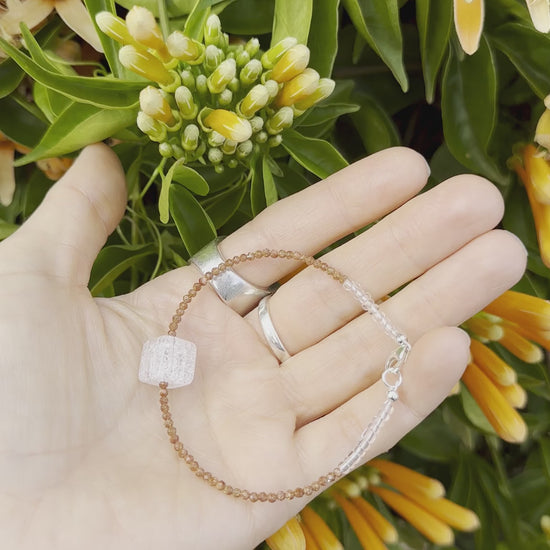 One-of-a-kind natural Quartz crystal & Goldstone designer bracelet with Italian goldstone & sterling silver hardware, designed & handmade in California.