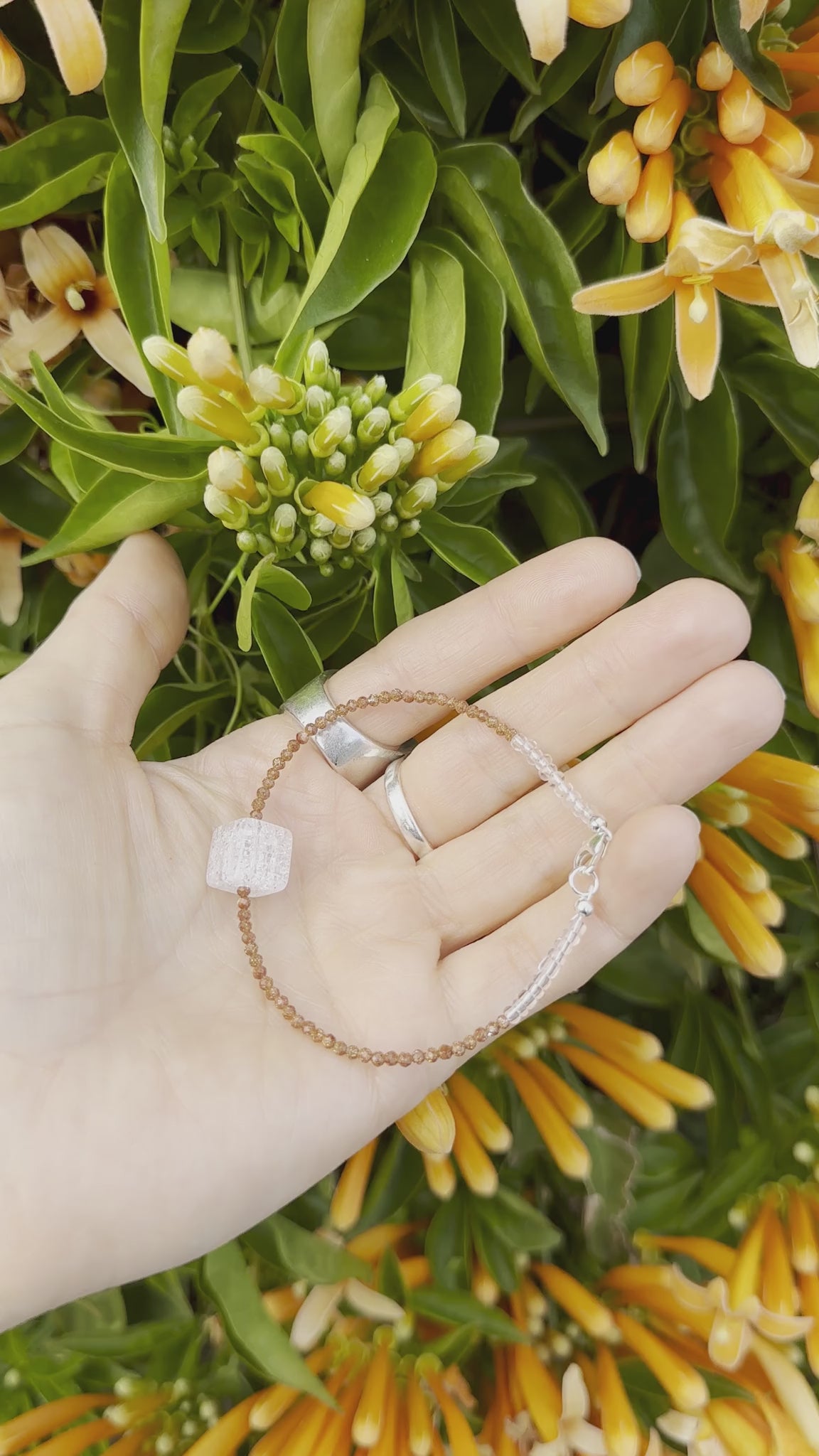 One-of-a-kind natural Quartz crystal & Goldstone designer bracelet with Italian goldstone & sterling silver hardware, designed & handmade in California.