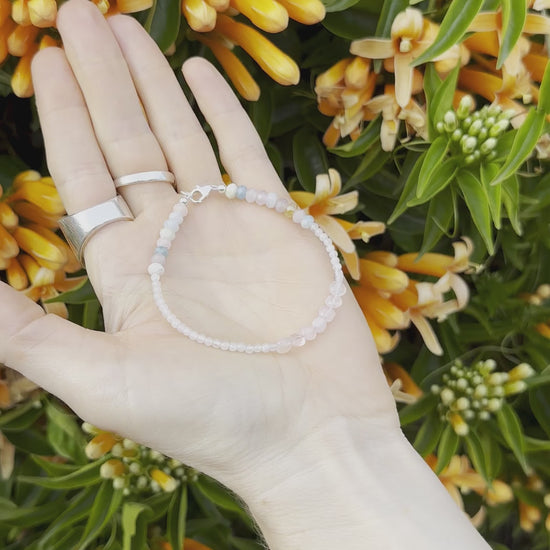 One-of-a-kind natural Morganite & Rose Quartz crystal designer bracelet with sterling silver hardware, designed & handmade in California.