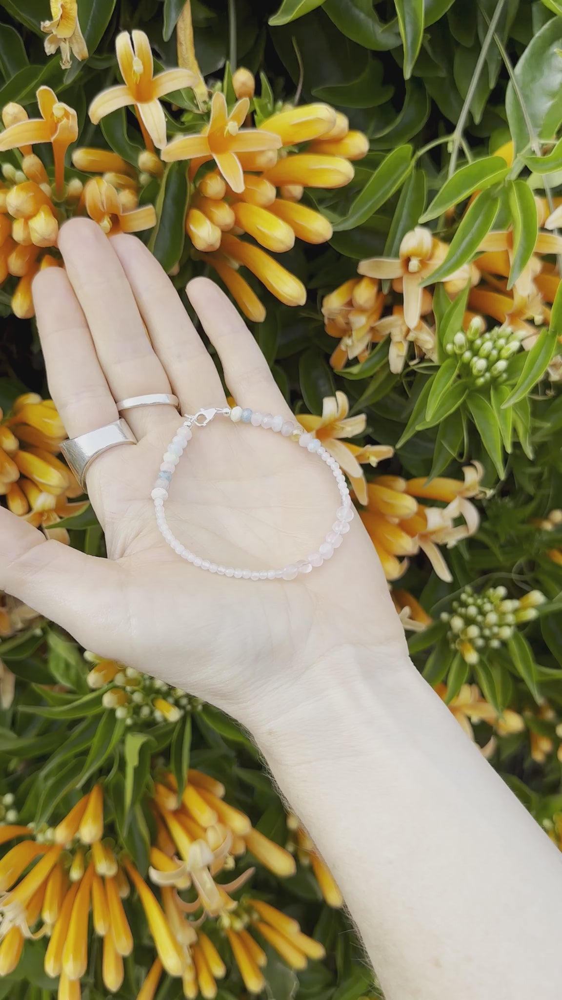 One-of-a-kind natural Morganite & Rose Quartz crystal designer bracelet with sterling silver hardware, designed & handmade in California.