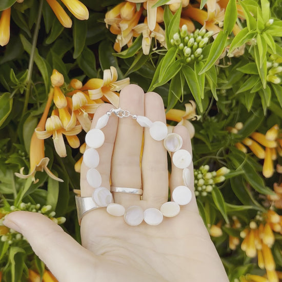 One-of-a-kind natural Mother of Pearl shell designer bracelet with sterling silver hardware, designed & handmade in California.