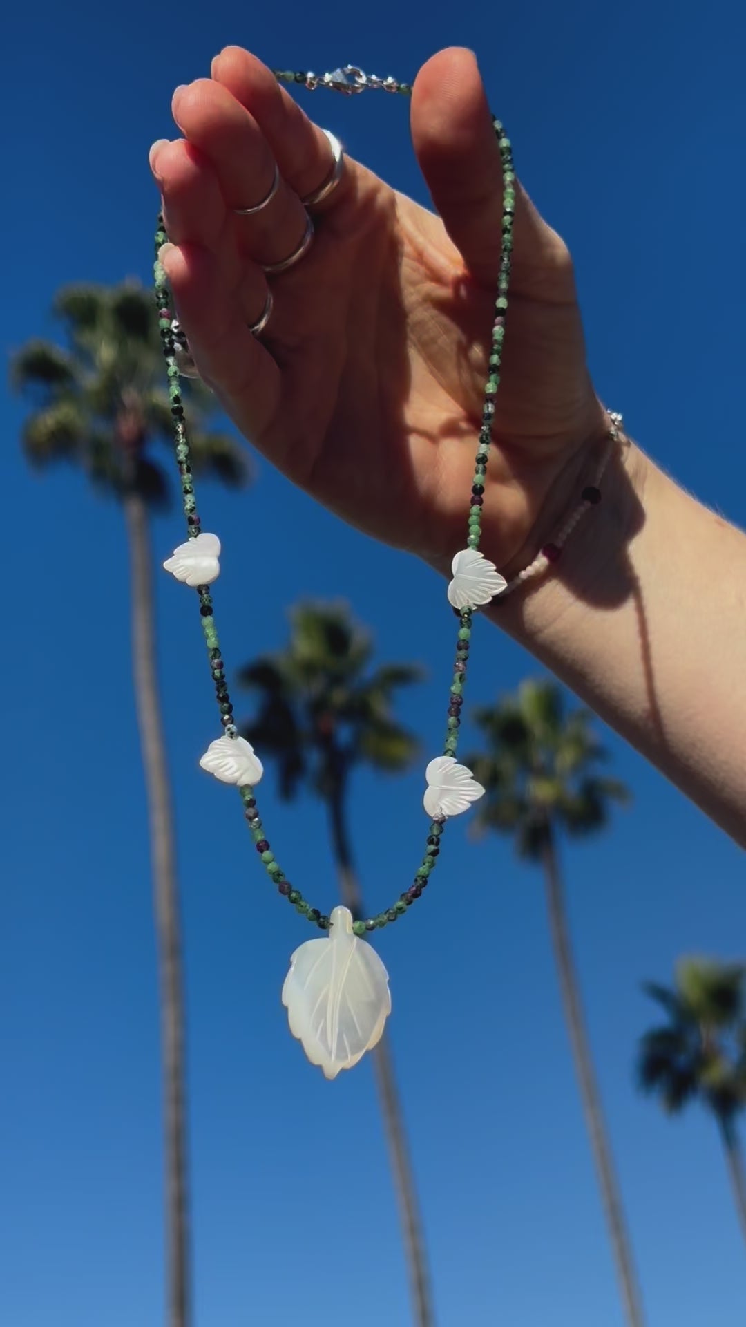 One-of-a-kind natural Ruby Zoasite crystal & Mother of Pearl designer necklace with sterling silver hardware, designed & handmade in California. 