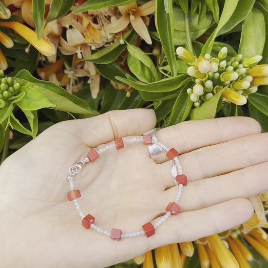 One-of-a-kind natural Amazonite & Red Coral designer necklace with sterling silver hardware, designed & handmade in California.