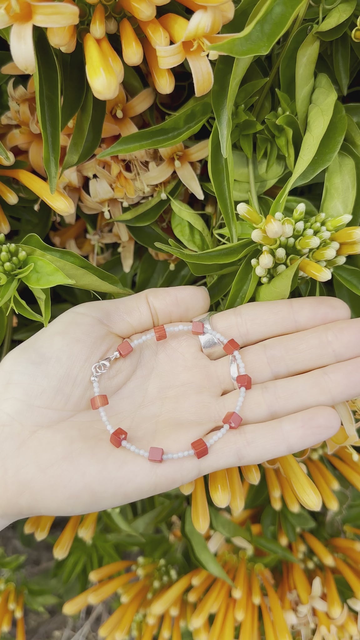 One-of-a-kind natural Amazonite & Red Coral designer necklace with sterling silver hardware, designed & handmade in California.