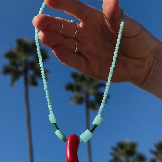 One-of-a-kind natural crystal Amazonite, Blue Opal, Malachite, & Red Coral designer bracelet with sterling silver hardware, designed & handmade in California. 