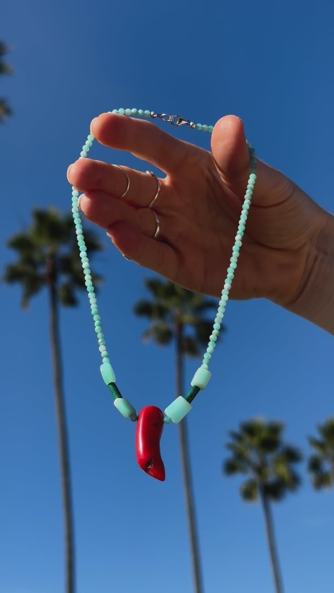 One-of-a-kind natural crystal Amazonite, Blue Opal, Malachite, & Red Coral designer bracelet with sterling silver hardware, designed & handmade in California. 