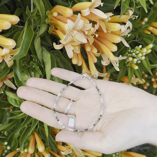 One-of-a-kind natural Labradorite, Pink Coral, & Ruby Zoasite designer bracelet with sterling silver hardware, designed & handmade in California.