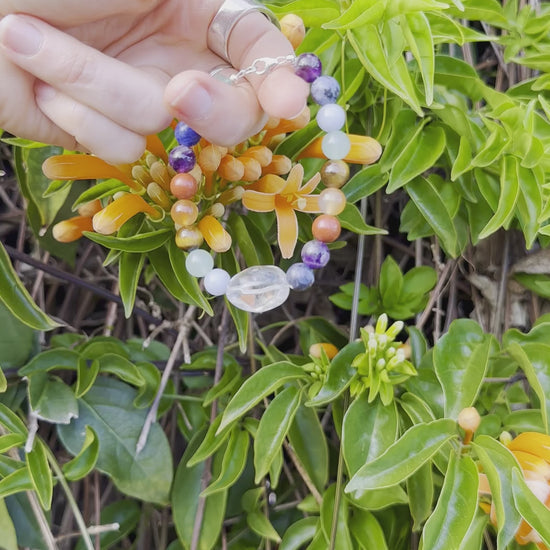 One-of-a-kind Amethyst, Aventurine, Blue Calcite, Blue Lapis, Carnelian, Quartz, Red Jasper, & Tiger's Eye designer bracelet with sterling silver hardware, designed & handmade in California.