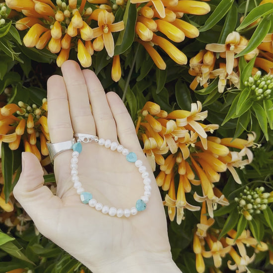 One-of-a-kind Freshwater Pearl & Turquoise designer bracelet with sterling silver hardware, designed & handmade in California.