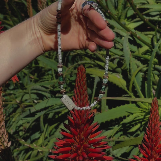 One-of-a-kind natural Aventurine, Green Jade, White Jade, Green Fluorite, & Tree Agate crystal & Coconut Shell designer bracelet with sterling silver hardware, designed & handmade in California.