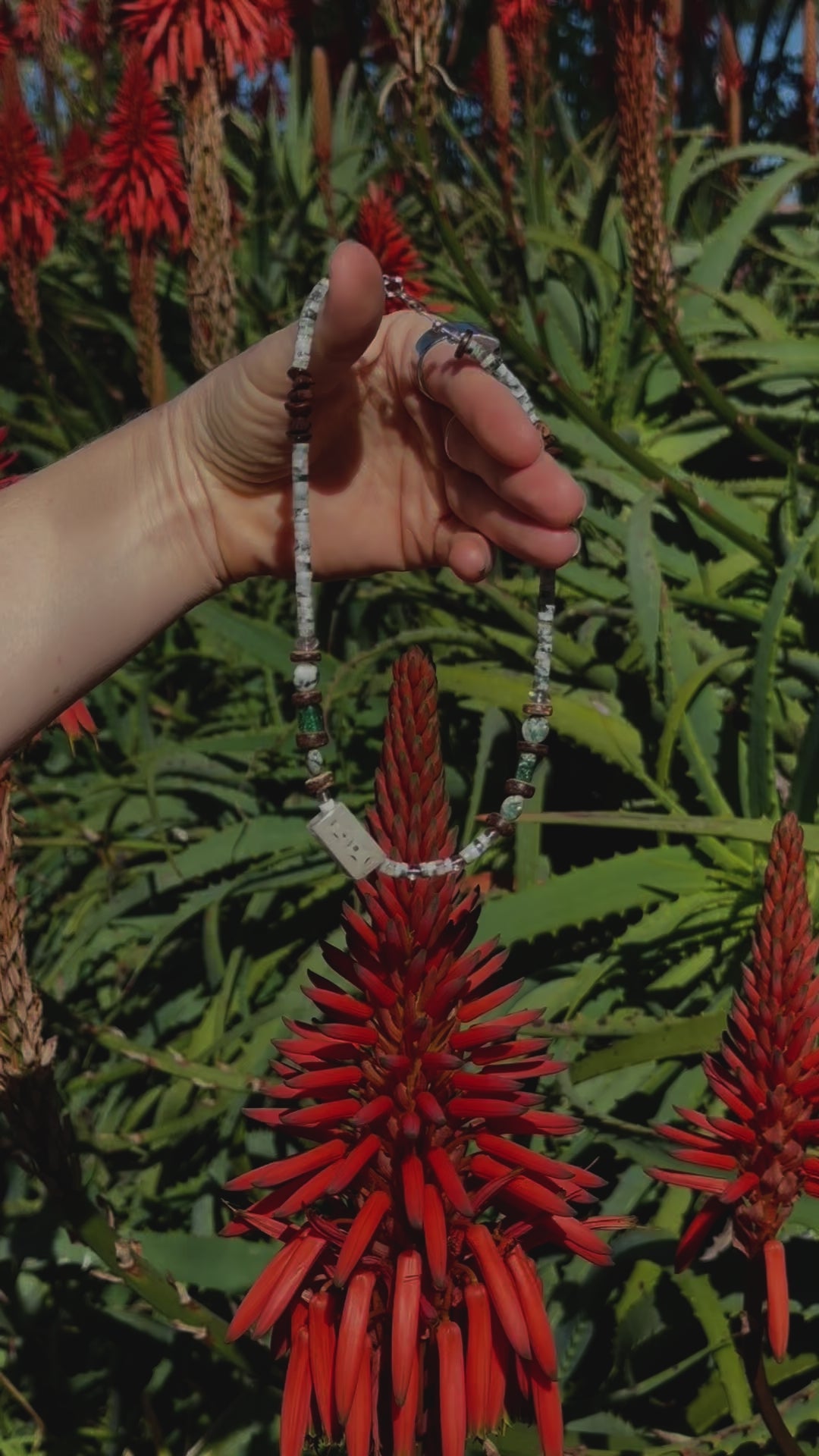 One-of-a-kind natural Aventurine, Green Jade, White Jade, Green Fluorite, & Tree Agate crystal & Coconut Shell designer bracelet with sterling silver hardware, designed & handmade in California.