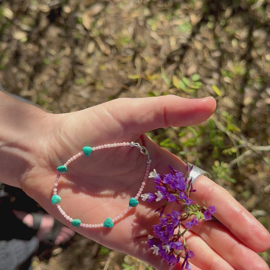 One-of-a-kind natural Turquoise crystal & Pink Coral shell designer bracelet with sterling silver hardware, designed & handmade in California.