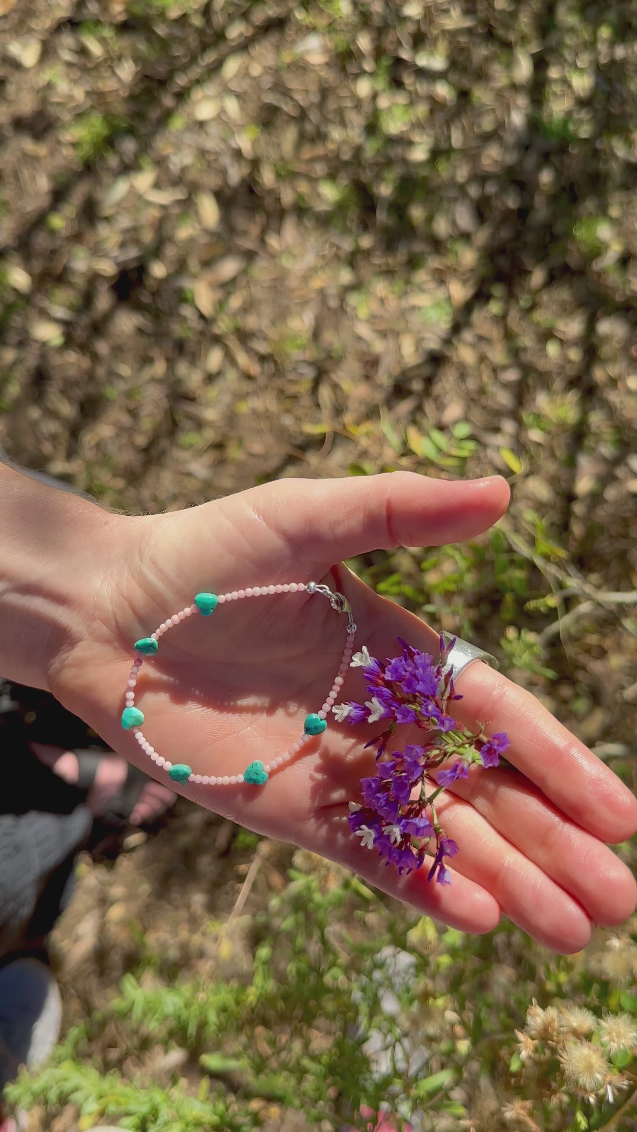 One-of-a-kind natural Turquoise crystal & Pink Coral shell designer bracelet with sterling silver hardware, designed & handmade in California.