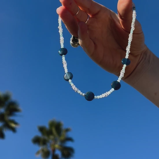 One-of-a-kind natural Apatite, Aquamarine, & Quartz crystal designer necklace with sterling silver hardware, designed & handmade in California.