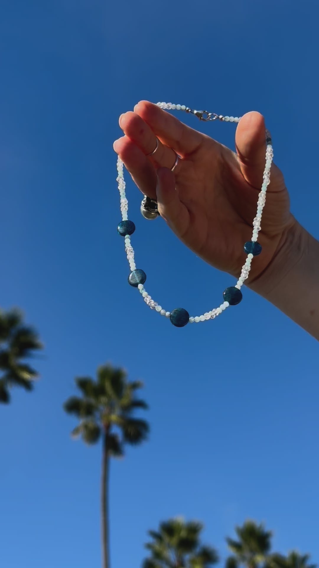 One-of-a-kind natural Apatite, Aquamarine, & Quartz crystal designer necklace with sterling silver hardware, designed & handmade in California.