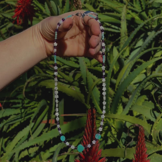 One-of-a-kind natural Amazonite, Amethyst, Blue Opal, Mother of Pearl, & Quartz crystal designer bracelet with sterling silver hardware, designed & handmade in California.