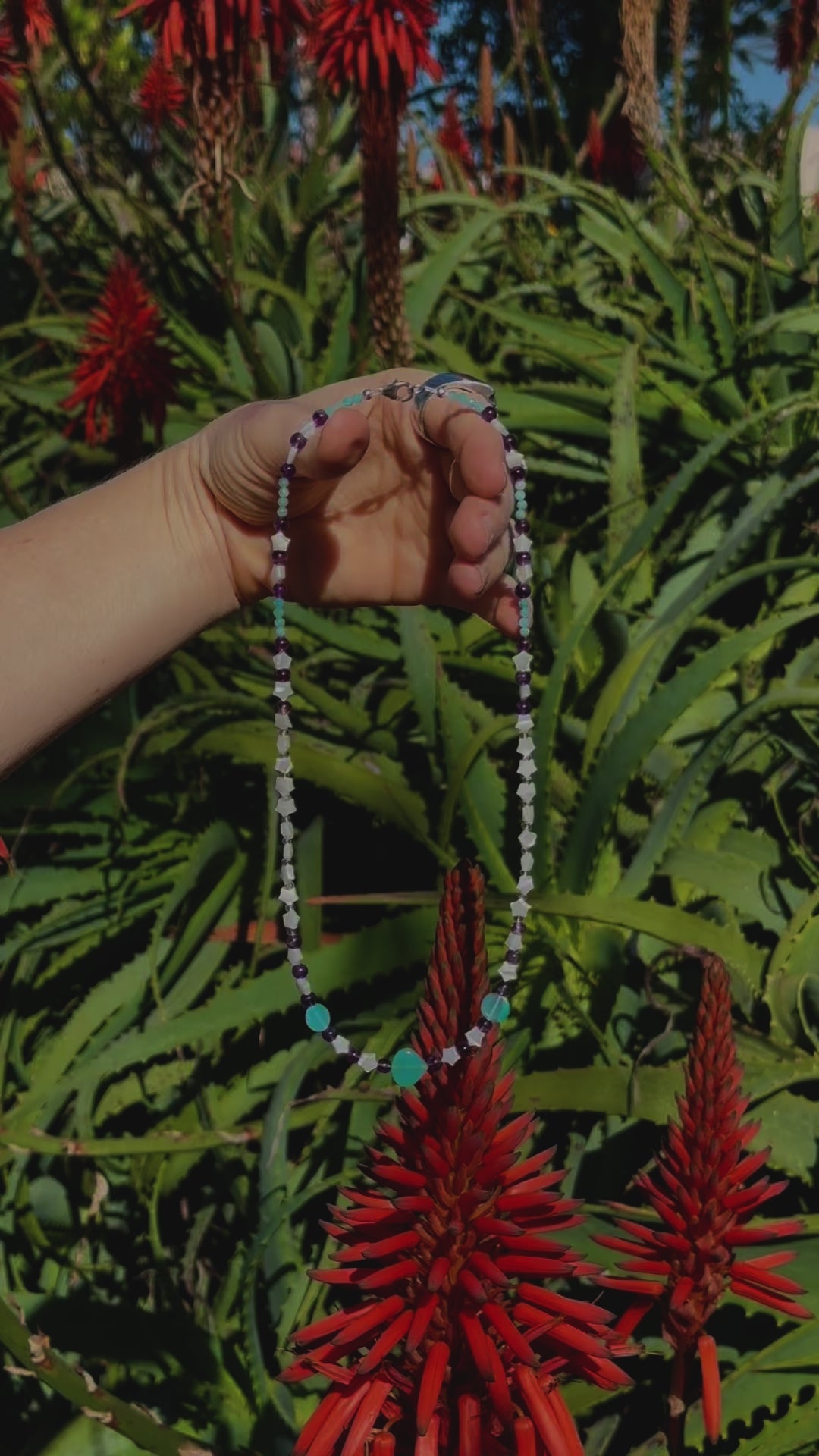 One-of-a-kind natural Amazonite, Amethyst, Blue Opal, Mother of Pearl, & Quartz crystal designer bracelet with sterling silver hardware, designed & handmade in California.