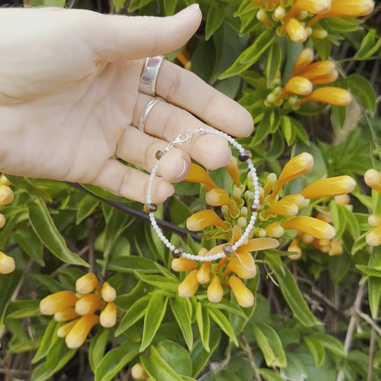 One-of-a-kind natural Amazonite & Tiger's Eye crystal designer bracelet with sterling silver hardware, designed & handmade in California.